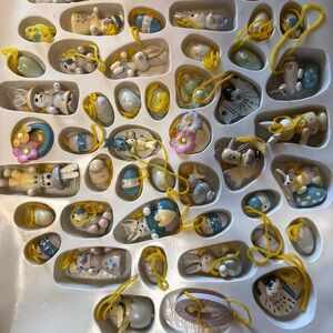 50 Pieces-Assorted wooden Easter Egg & Bunny Ornaments with Yellow Cords